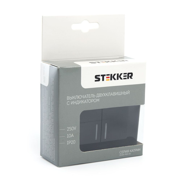 Выключатель 2-клавишный c индикатором STEKKER GLS10-7002-05, 250В, 10А, серия Катрин, черный фото в интернет магазине Супермаркет света