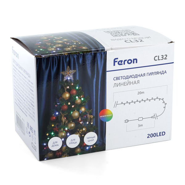 Светодиодная гирлянда Feron CL32 линейная 20 м +3м 230V мультиколор, c питанием от сети, черный шнур фото в интернет магазине Супермаркет света