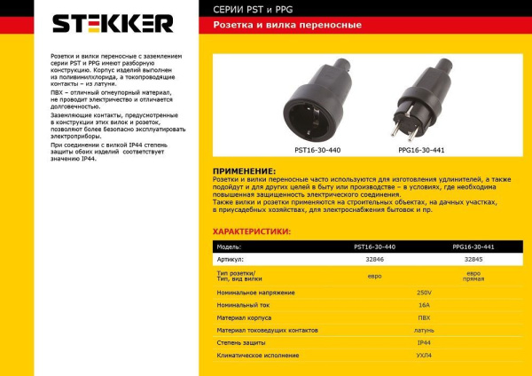 Вилка STEKKER PPG16-30-441 прямая с заземляющим контактом, пластик 250В, 16A, IP44, черная фото в интернет магазине Супермаркет света