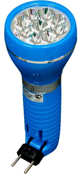 Фонарь аккумуляторный ручной 9LED 0,6W со встроенной вилкой для зарядки, голубой, TL041 фото в интернет магазине Супермаркет света