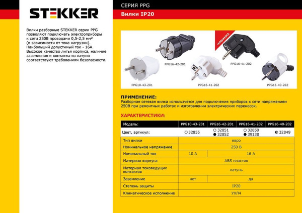 Вилка STEKKER PPG16-42-201 прямая с заземляющим контактом, пластик 250В, 16A, IP20, белая фото в интернет магазине Супермаркет света